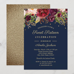 Burgunder Gold Navy Blumen Wasserfarbe Sweet Sixte Einladung