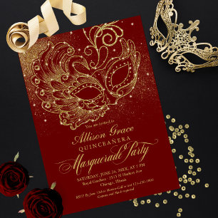 Burgunder-Gold-Quinceanera-Maskenball-Einladung