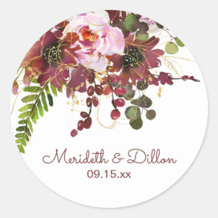 Burgunder-Gold-Rosé-Blumen-Hochzeitseinladung Runder Aufkleber