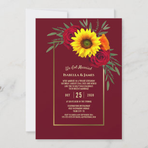 Burgunder-Gold-Sonnenblume-Rote-Rose-Hochzeitsempf Einladung