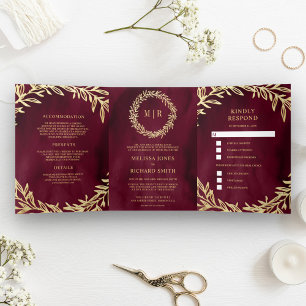 Burgunder Goldblatt Zweig All in One Hochzeit Dreifach Gefaltete Einladung