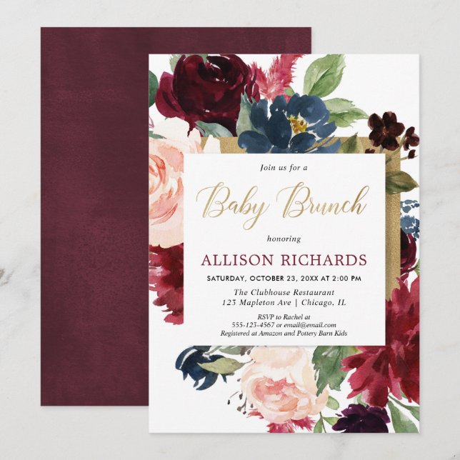 Burgunder Goldfall Blumengebirge Babybrunch Einladung (Vorne/Hinten)