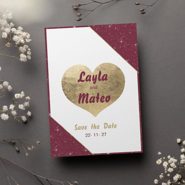 Burgunder Goldherz funkelnder Glitzer Save the Dat Einladung (Burgundy gold heart sparkle glitter Save the Date)