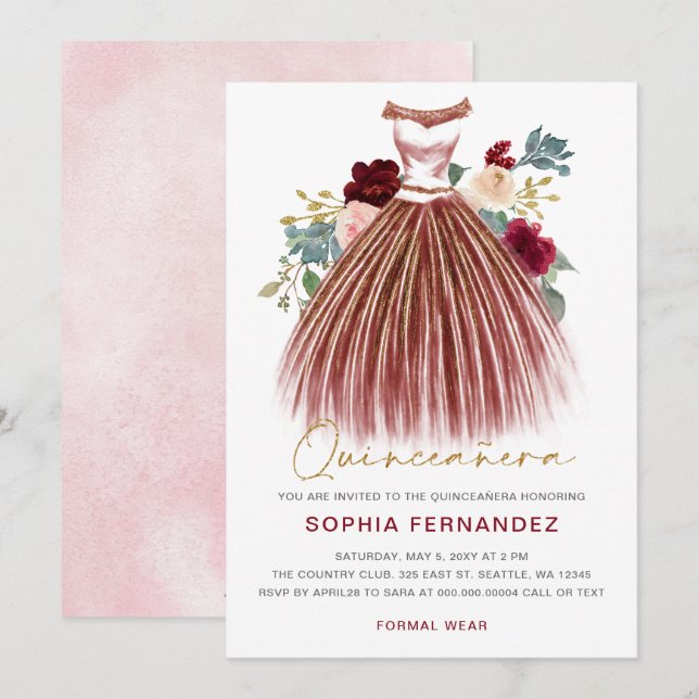 Burgunder Goldmedaille Glitzer Blumenkleid Quincea Einladung (Vorne/Hinten)
