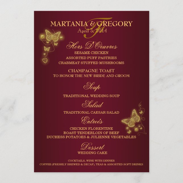 Burgunder-Goldschmetterlings-Hochzeitsmenü Menükarte (Vorderseite)