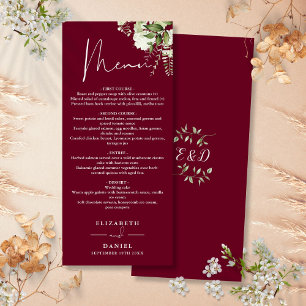 Burgunder-Grün-Monogramm-Hochzeitsdinner Menükarte