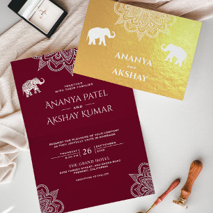Burgunder-Henna-Elefant Indische Hochzeit Gold Folienkarte