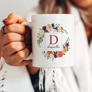Burgunder-Herbst-Blumen-Goldrahmen-Monogramm Kaffeetasse