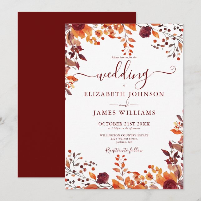 Burgunder Herbst Rustikale Blätter Hochzeit Einladung (Vorne/Hinten)