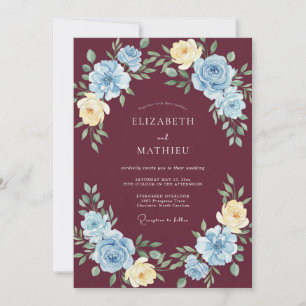 Burgunder Himmelblau Florale Romantische Hochzeit Einladung