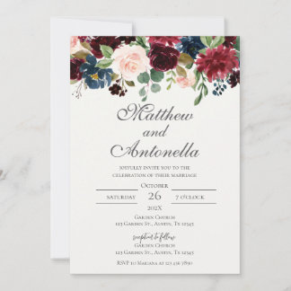 Burgunder Hochzeit mit Blumen Einladung