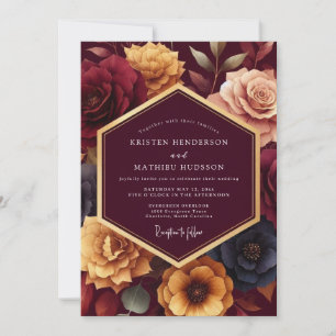 Burgunder Hochzeit mit vergoldetem Blumendekor Einladung