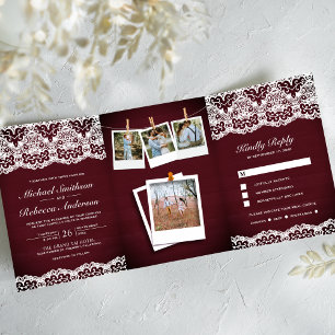 Burgunder Holz Land Lace Foto Collage Hochzeit Dreifach Gefaltete Einladung