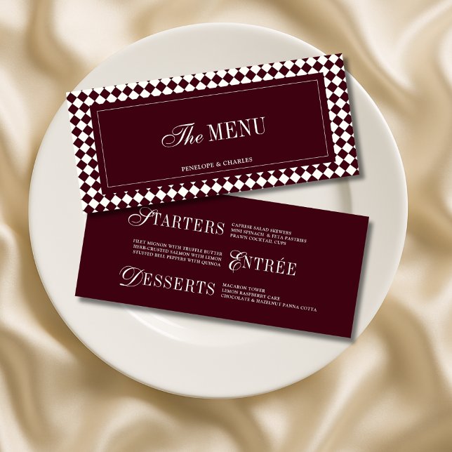 Burgunder Karo Elegante Schrift Hochzeit Menükarte (Von Creator hochgeladen)