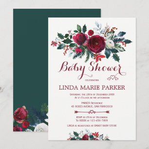Burgunder Kiefer grün floral Winter Babyparty Einladung