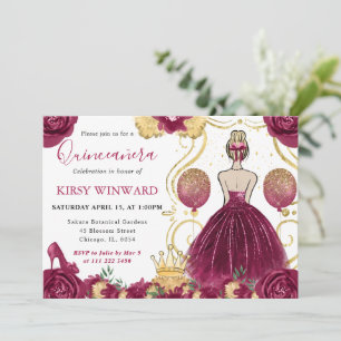 Burgunder Kleid Blonde Haare Prinzessin Quinceaner Einladung