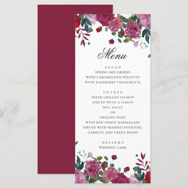 Burgunder lila Blumengarten Hochzeit. Rose Menükarte (Vorne/Hinten)