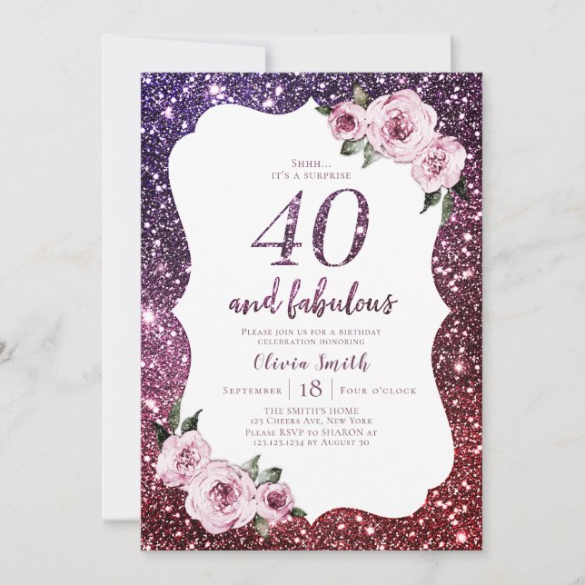 Burgunder lila Glitzer und Blumengebäck 40. Geburt Einladung (Vorderseite)