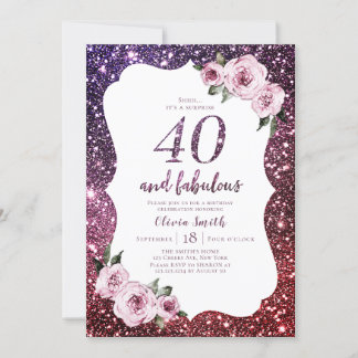 Burgunder lila Glitzer und Blumengebäck 40. Geburt Einladung