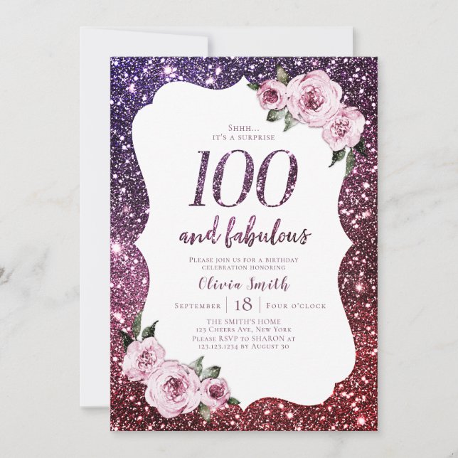 Burgunder lila Glitzer und blumengeschmückter 100. Einladung (Vorderseite)