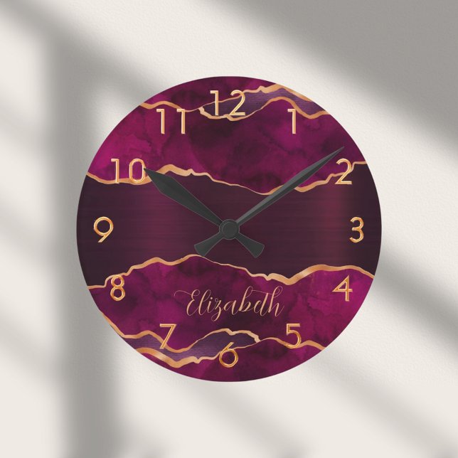 Burgunder lila Goldgräbermarmorname Runde Wanduhr (Von Creator hochgeladen)