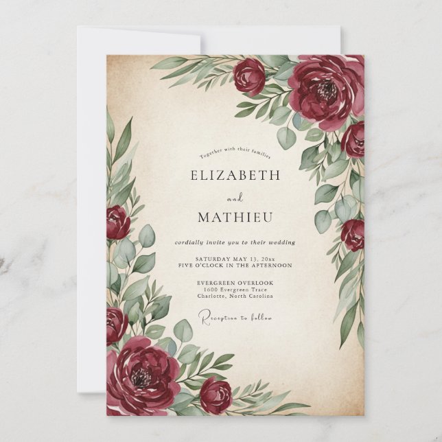 Burgunder Malerische Vintage-Hochzeit Einladung (Vorderseite)
