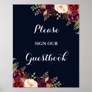 Burgunder Marine Blumen Gästebuch Hochzeitsschild