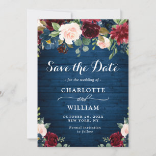 Burgunder Marineblau Hauch Wasserfarbe Florale Hoc Save The Date