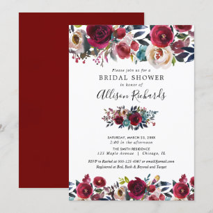 Burgunder-Marinefall Blumenwatercolor-Brautparty Einladung