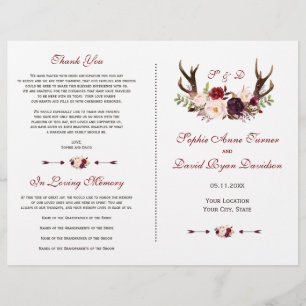 Burgunder-Marsala-Blumen-Geweih-Hochzeitsprogramm