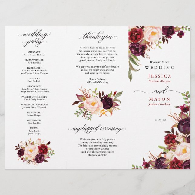Burgunder-Marsala-Tri-Fold-Programm Sitzplan Flyer (Vorne)