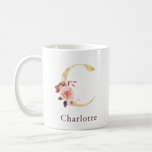 Burgunder Name und rosa florales Monogramm Buchsta Kaffeetasse