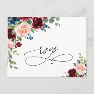Burgunder Navy Eukalyptus Rosen Hochzeit RSVP Postkarte