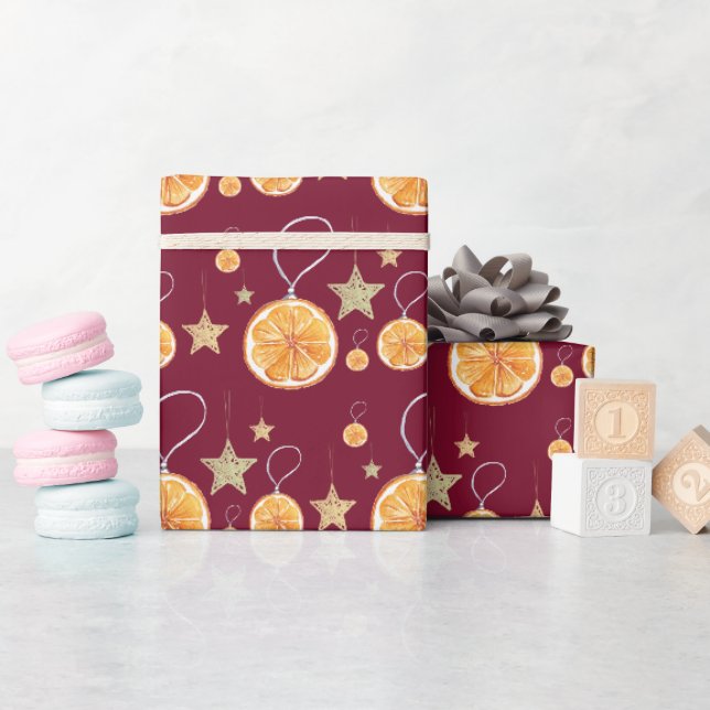 Burgunder Orangen und Sterne im Winter weiß Geschenkpapier (Babyparty)