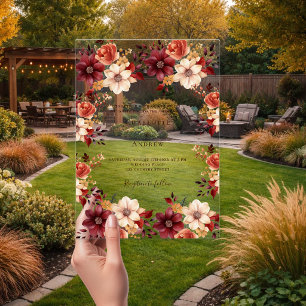 Burgunder Orangenfall Blütenklare Hochzeit Acryleinladungen