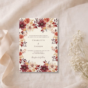 Burgunder Orangenfall Luxus Hochzeit mit Blumen Einladung
