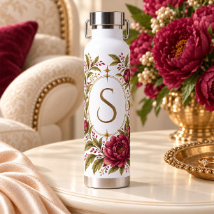 Burgunder-Pfingstrose-Gold-Monogramm-Wasserflasche Trinkflasche