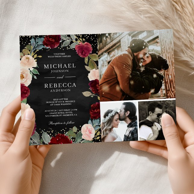 Burgunder-Pfirsich-Blumen-Hochzeit QR-Code Schwarz Einladung (Von Creator hochgeladen)