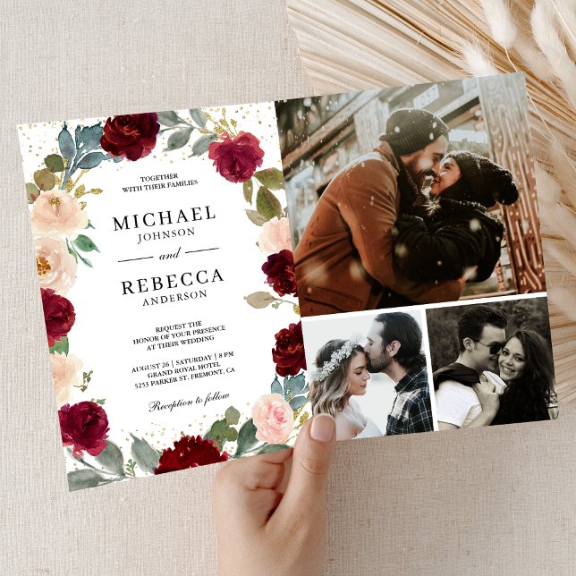 Burgunder Pfirsich Blumen Hochzeits-QR-Code Einladung (Von Creator hochgeladen)