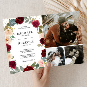 Burgunder Pfirsich Floral Foto QR Code Hochzeit Einladung