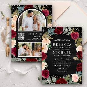 Burgunder Pfirsich Floral Schwarz QR Code Hochzeit Einladung