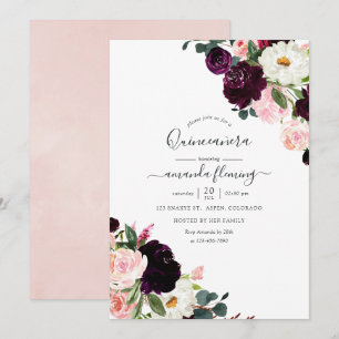 Burgunder-Pflaume und rosafarbenes Floral Quinceañ Einladung