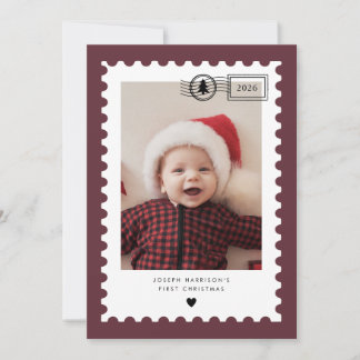 Burgunder-Postwertzeichen-Babys erstes Weihnachten