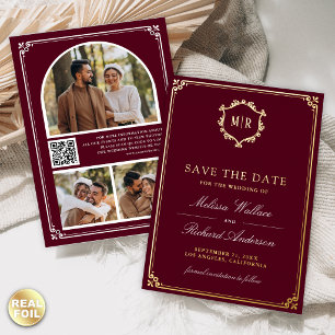 Burgunder QR-Code Foto Hochzeit Termin Gold Folieneinladung