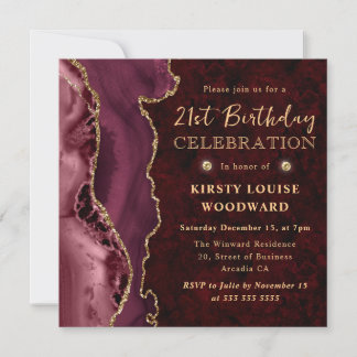 Burgunder Red and Gold Glitzer Agate 21. Geburtsta Einladung