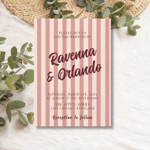 Burgunder-Retro-Rosé-Hochzeit mit rosa Streifen Einladung
