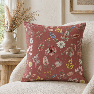 Burgunder Romantische Moody Watercolor Wildblumen Kissen