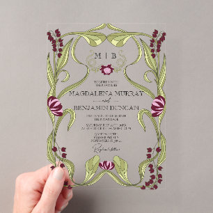 Burgunder-Rosa Art Nouveau Florale Hochzeit Acryleinladungen