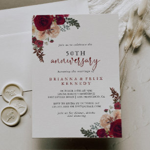 Burgunder Rosa Blumen 50. Hochzeitstag  Einladung