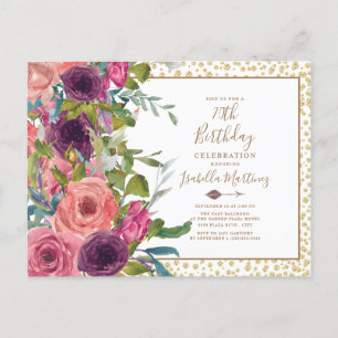 Burgunder Rosa Blumen Gold Glitter 70. Geburtstag Einladungspostkarte